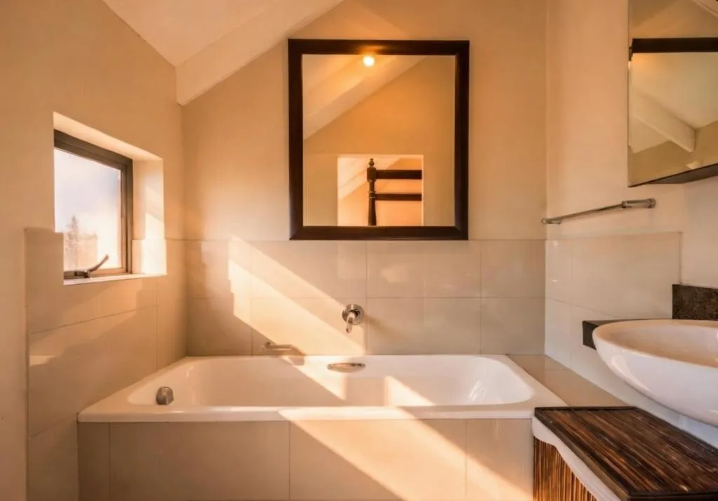 Bright bathroom with bathtub, sink, and framed mirror on wall