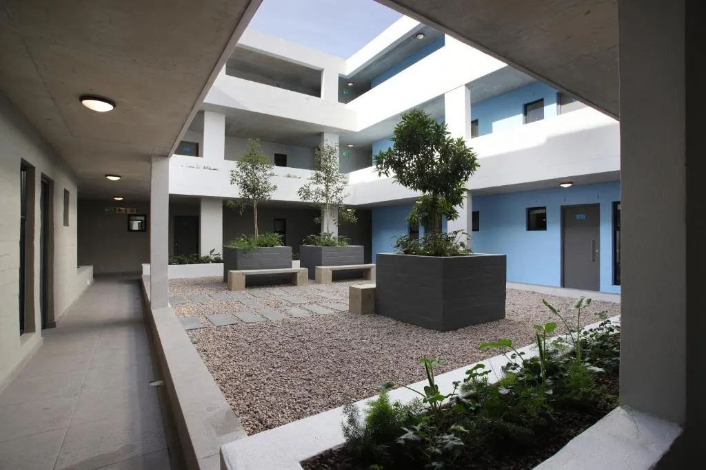 Modern courtyard with planted containers, gravel paving, and bright blue building facade