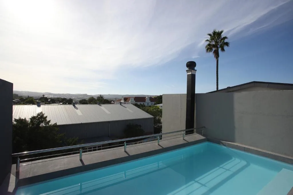 Rooftop swimming pool with mountain views and palm tree beyond