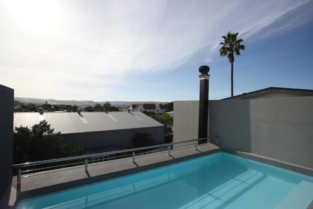 Rooftop swimming pool with mountain and palm tree views