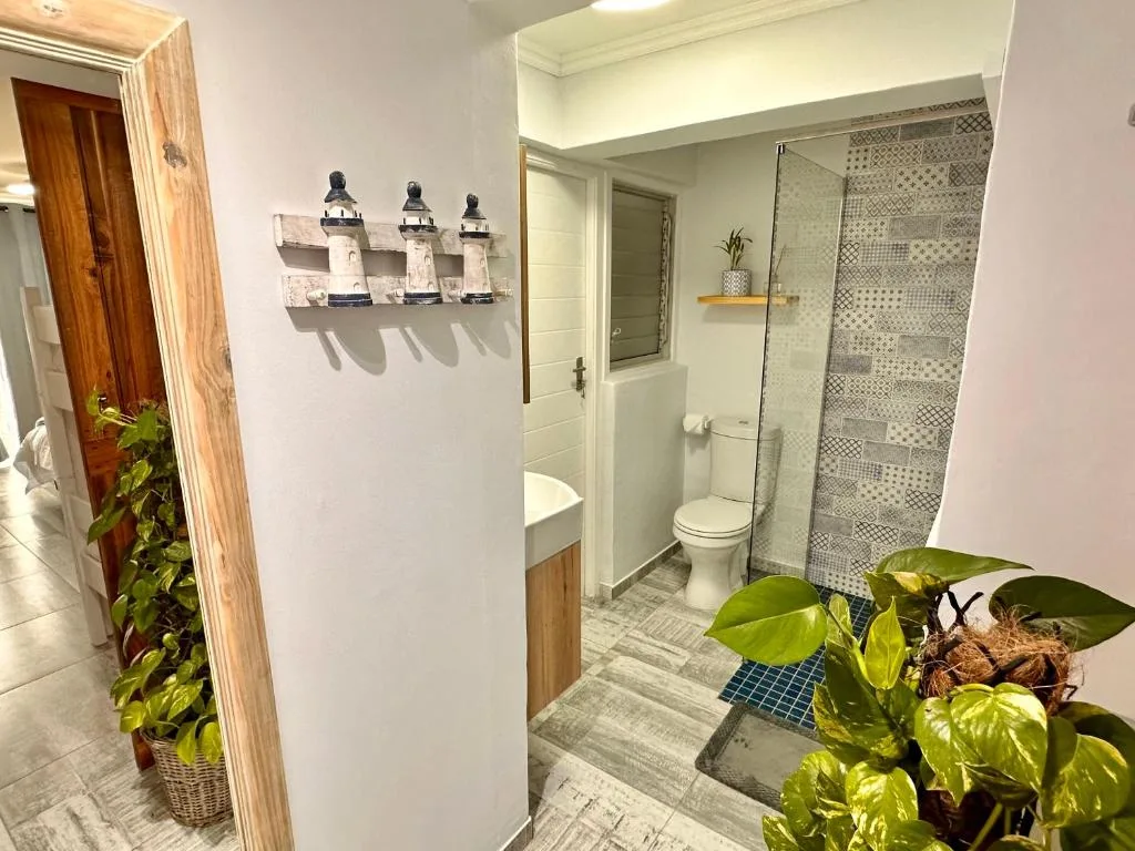 Modern bathroom with walk-in shower, toilet, and amenities shelf