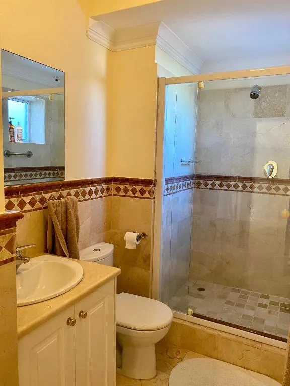 Bathroom with yellow vanity, toilet, and walk-in shower with glass enclosure