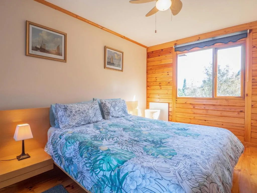 Bright bedroom with queen bed, wooden walls, and garden views through large windows