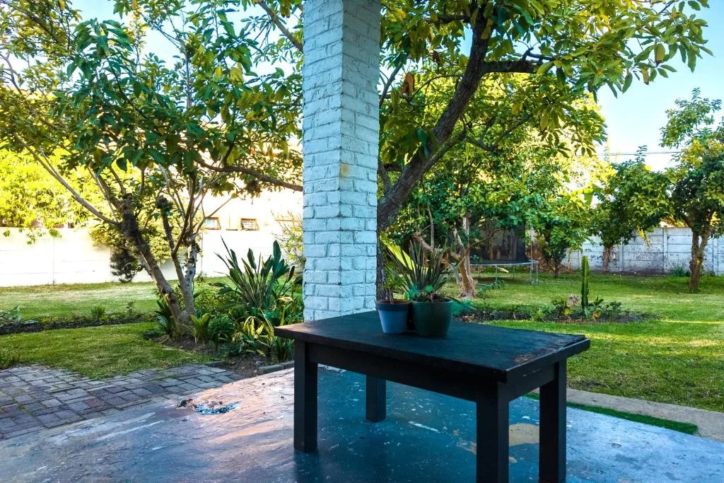 Outdoor garden space with black table, potted plants, and mature trees