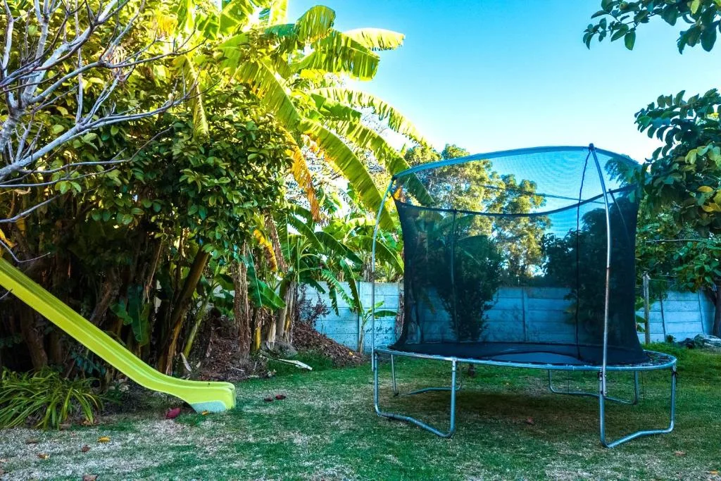 Backyard garden with trampoline, slide, and lush tropical vegetation