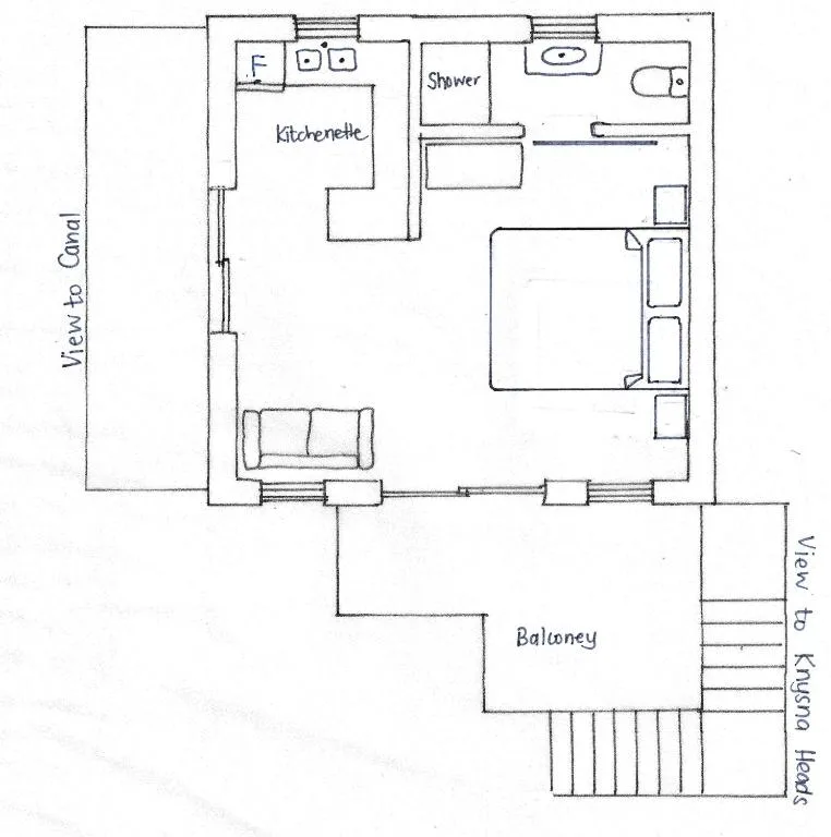Hand-drawn floor plan showing apartment layout with bedroom, bathroom, kitchenette, lounge and balcony