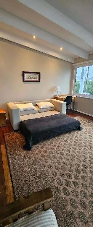 Modern bedroom with grey sofa bed and large windows overlooking garden
