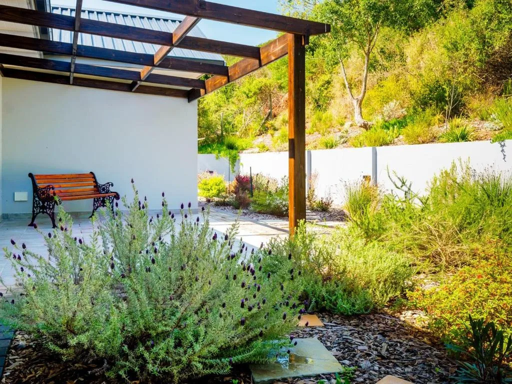 Shaded pergola patio with wooden bench and native garden landscaping