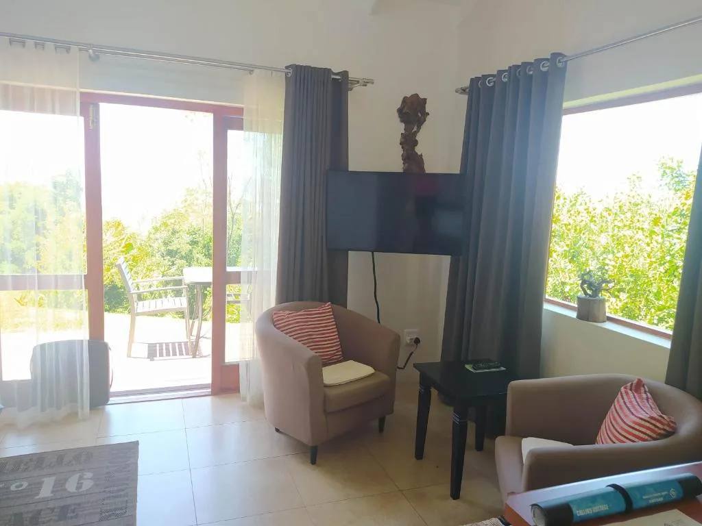 Bright lounge with armchairs, TV, and glass doors opening to deck