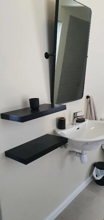 Modern bathroom vanity with mirror, sink, and black shelving accessories