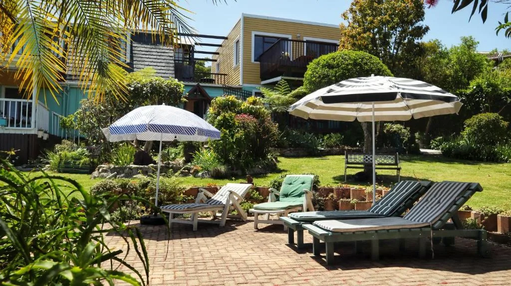 Sunny garden patio with loungers, umbrellas, and manicured lawn space
