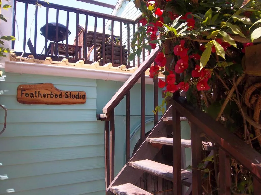 Charming turquoise studio entrance with wooden sign and red flowering vines
