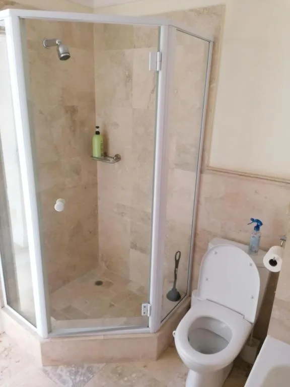 Spacious shower enclosure with toilet and bathroom fixtures