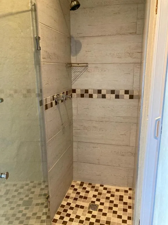 Modern walk-in shower with wood-grain tile walls and decorative border trim