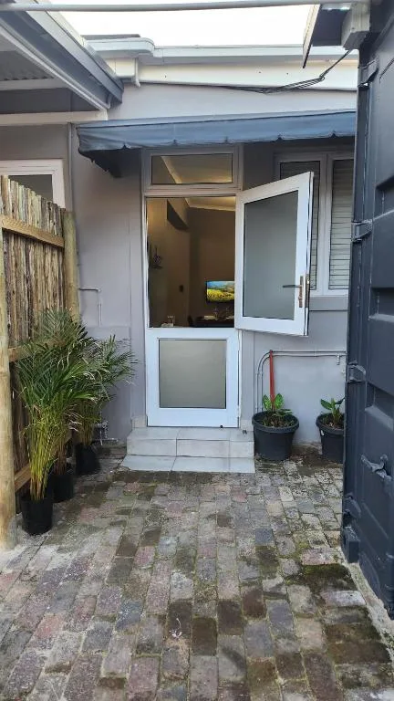Modern entrance with white door, paved courtyard, potted plants nearby