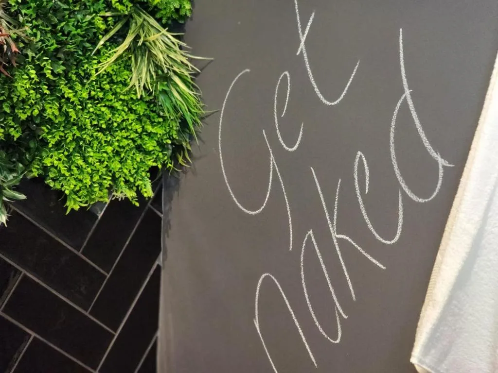 Decorative wall art with chalk drawing and green plant arrangement detail