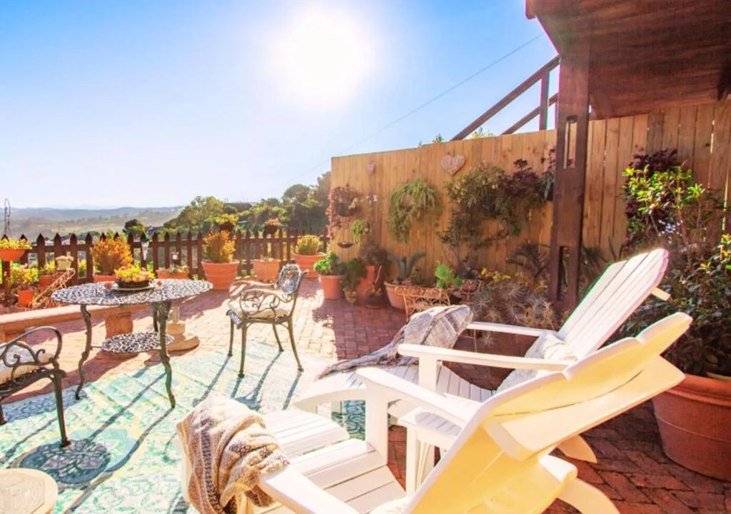 Sunny patio with lounge chairs, potted plants, and countryside views