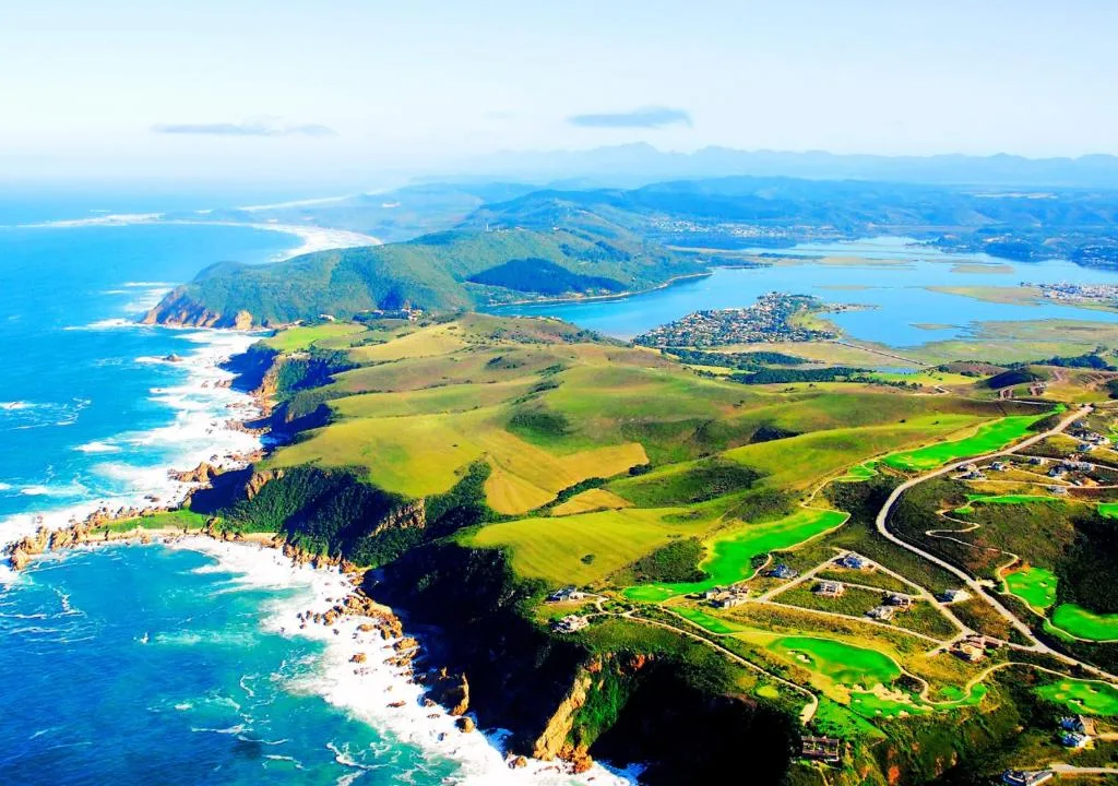 Aerial view of Knysna Heads, lagoon, and surrounding green coastline