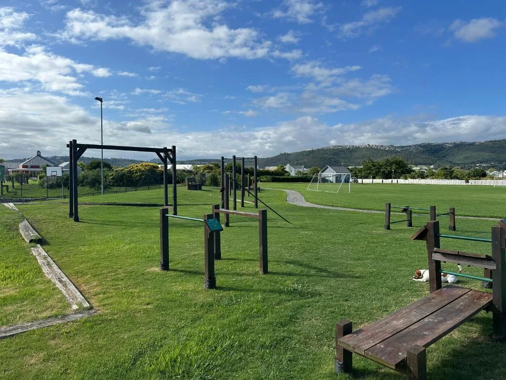 Large open garden with exercise equipment and mountain views in background