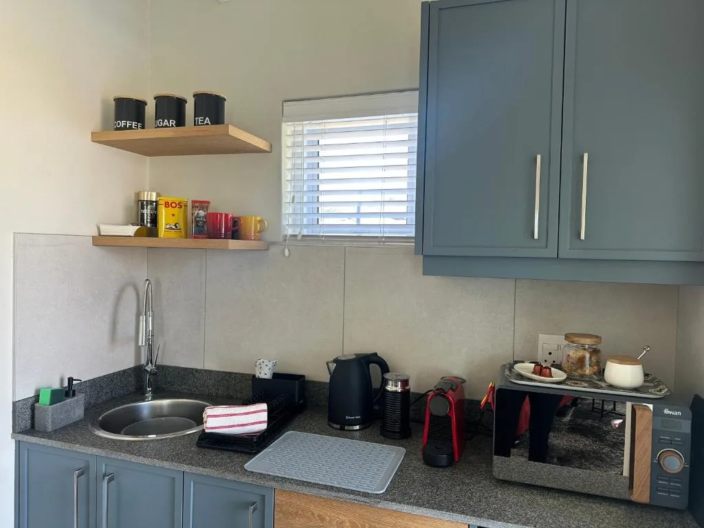 Modern kitchen with blue cabinetry, dark countertop, and organized shelving