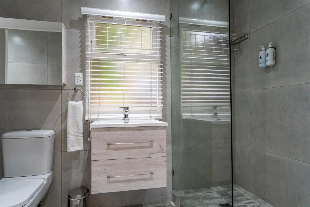 Modern bathroom with vanity, toilet, shower enclosure, and natural light