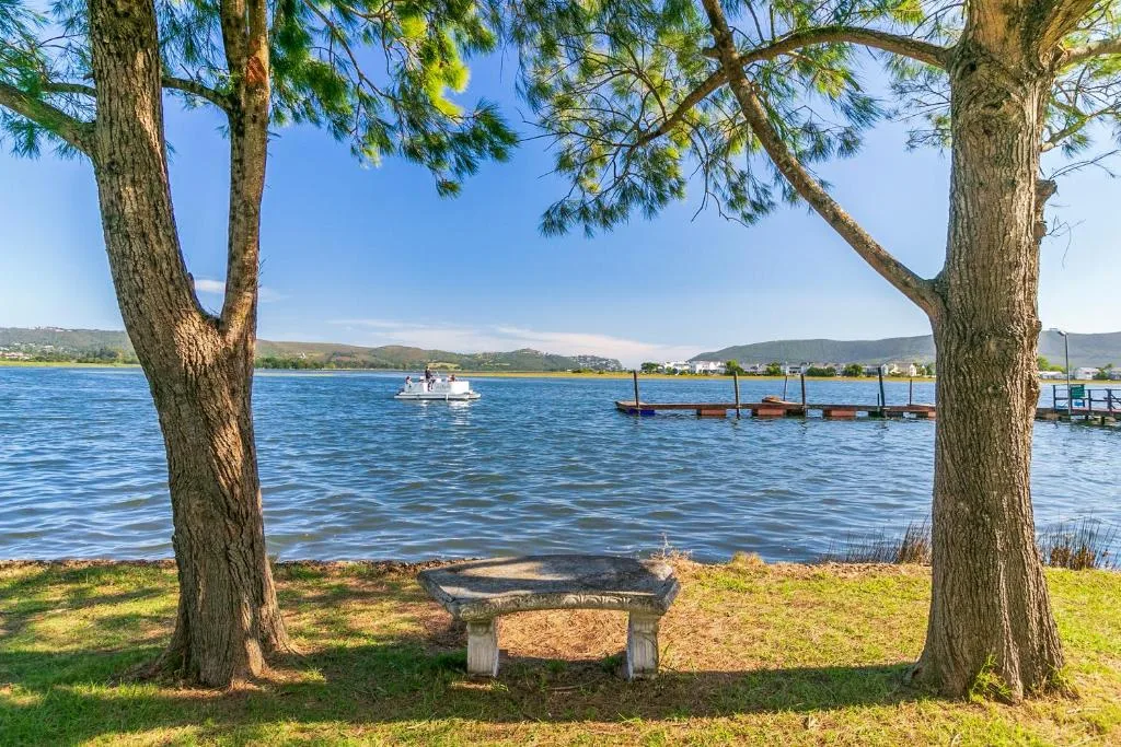 Scenic lagoon view with boats, mountains, and native trees framing water