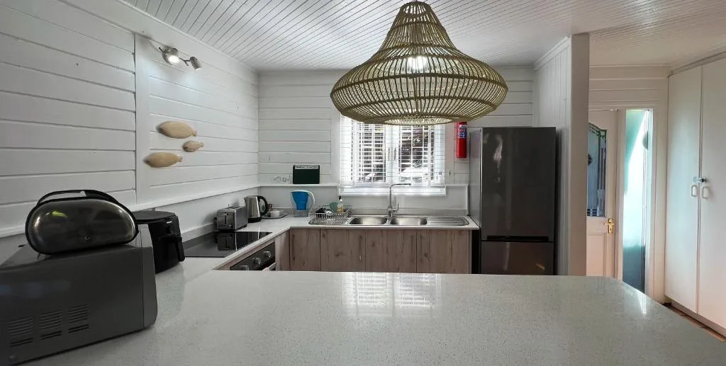 Modern kitchen with island counter, pendant light, and stainless steel appliances