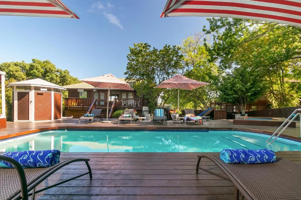 Swimming pool with loungers and umbrellas, surrounded by wooden deck and trees