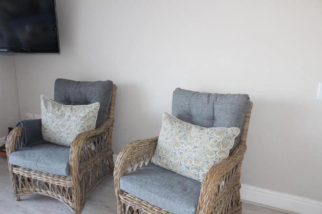 Two woven rattan armchairs with gray cushions and patterned pillows indoors