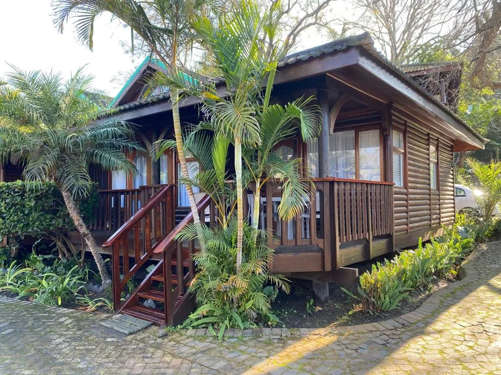 Wooden cabin with covered deck and palm trees in garden setting