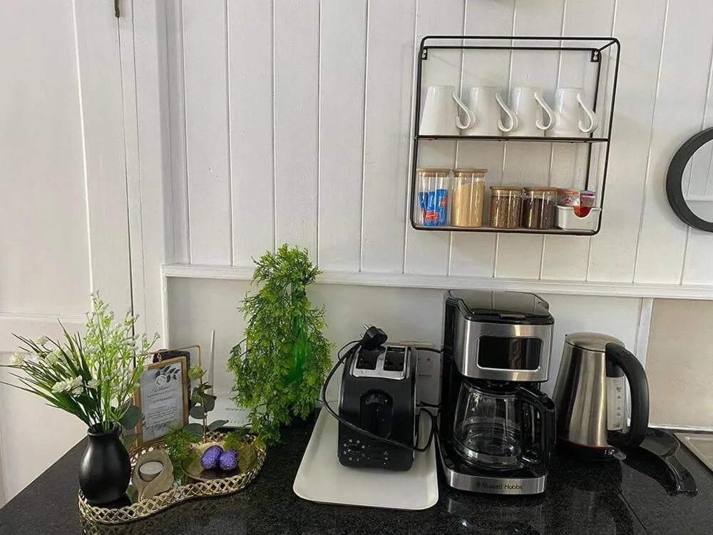 Kitchen counter with appliances, storage shelf, and decorative plants