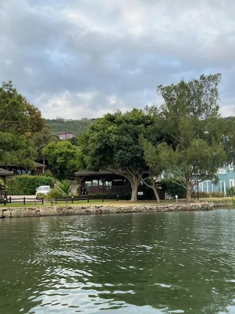 Waterfront property with mature trees and deck overlooking calm lagoon waters