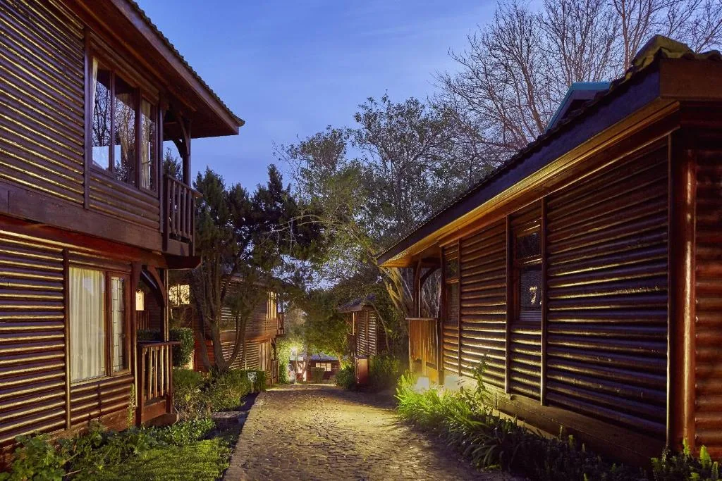 Illuminated wooden cabins lining a sandy pathway at dusk with surrounding trees