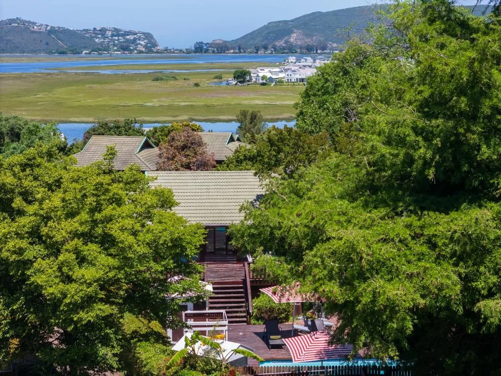 Aerial view of property overlooking Knysna lagoon with mountains and estuary