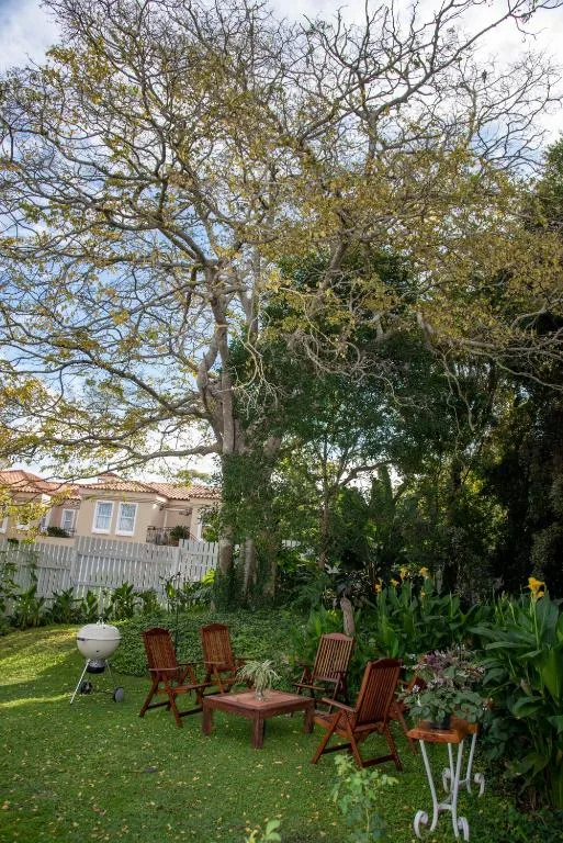 Shaded garden seating area with wooden chairs beneath mature trees