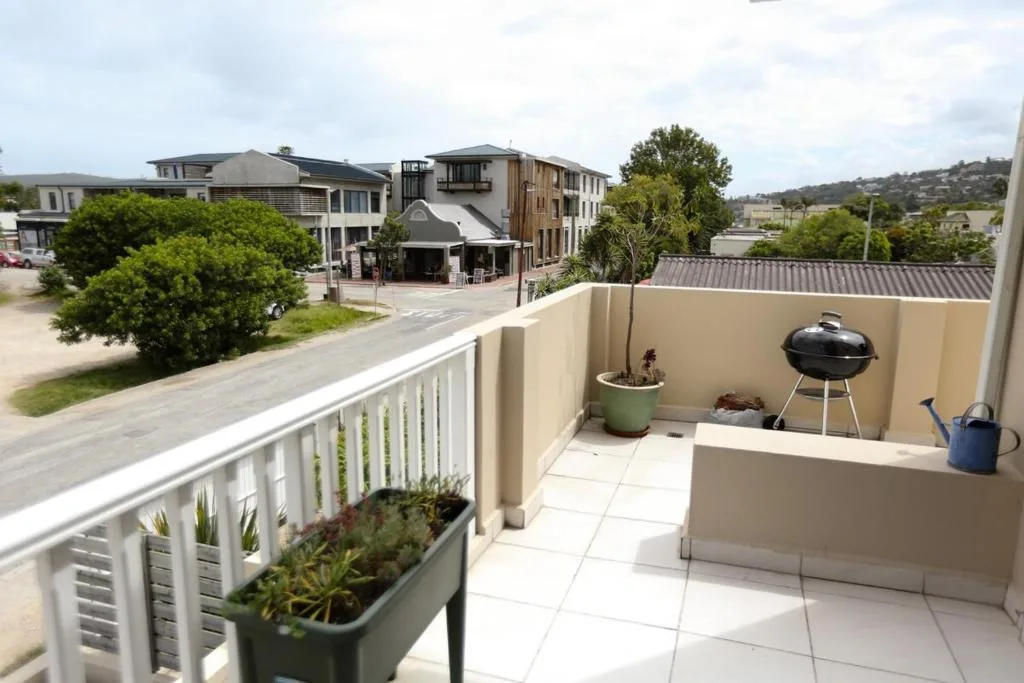 Sunny rooftop deck with braai, potted plants, and neighborhood views
