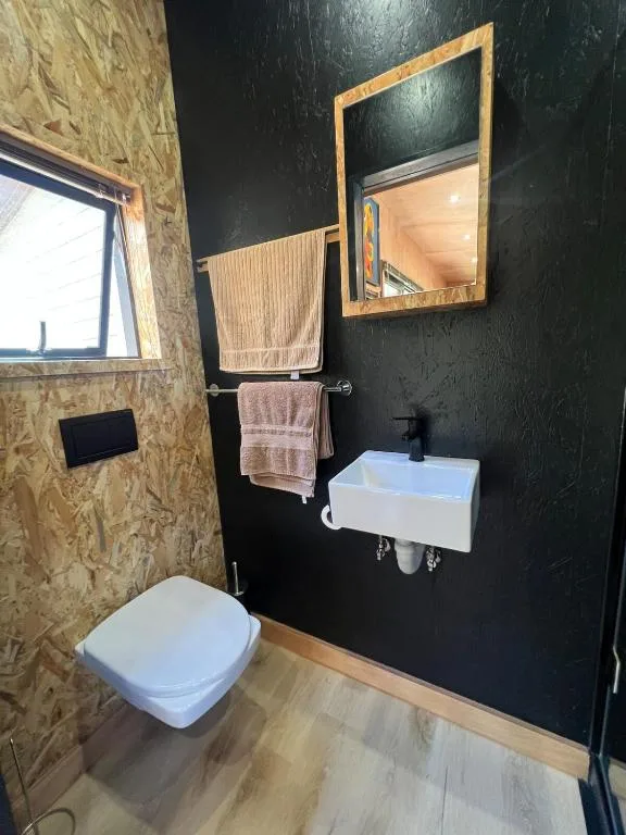 Modern bathroom with toilet, wall-mounted sink, mirror, and towel rail