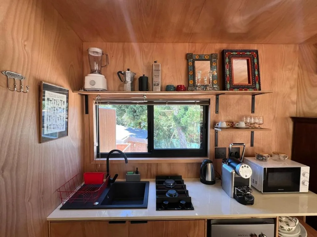 Compact kitchen with gas cooktop, microwave, and wooden shelving displaying appliances