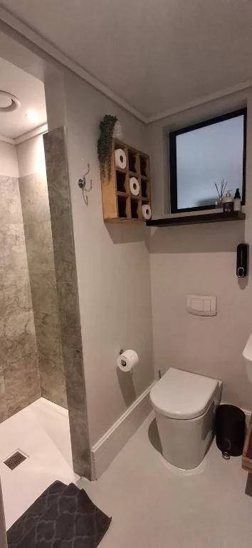 Modern bathroom with toilet, shower enclosure, and decorative wall shelving