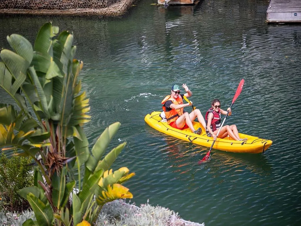 Kayakers paddling on calm green canal waters near historic harbor
