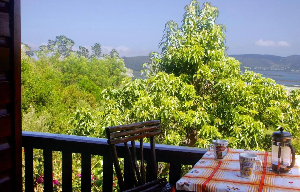 Outdoor deck with table, chairs, and lagoon views beyond trees