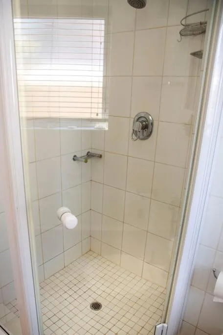 Clean tiled shower enclosure with glass door and window