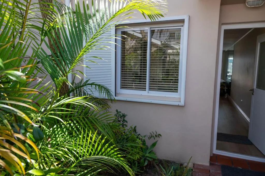 Cream-colored building facade with sliding window and lush tropical palms
