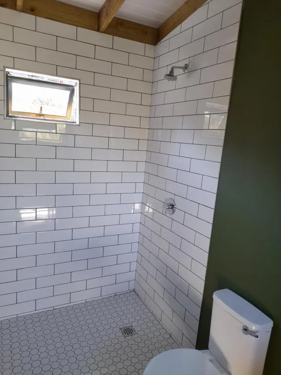 Modern bathroom with white subway tile shower, hexagonal floor tiles, toilet