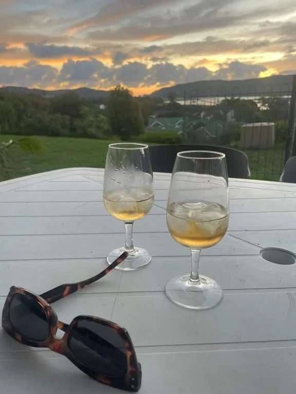 Sunset view over lush gardens with wine glasses on outdoor table