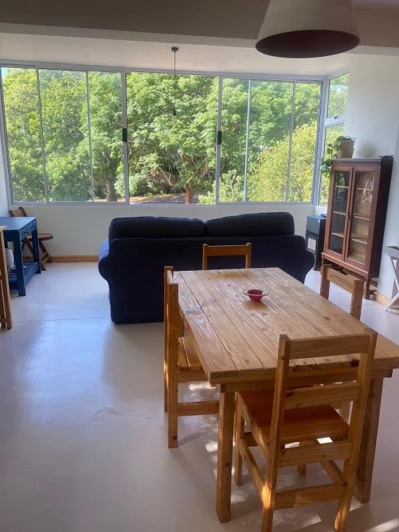 Wooden dining table with chairs in open-plan living area with garden views
