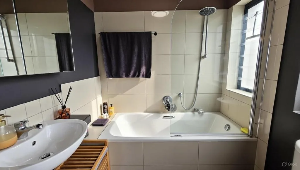 Modern bathroom with white tiles, circular sink, and bathtub with shower