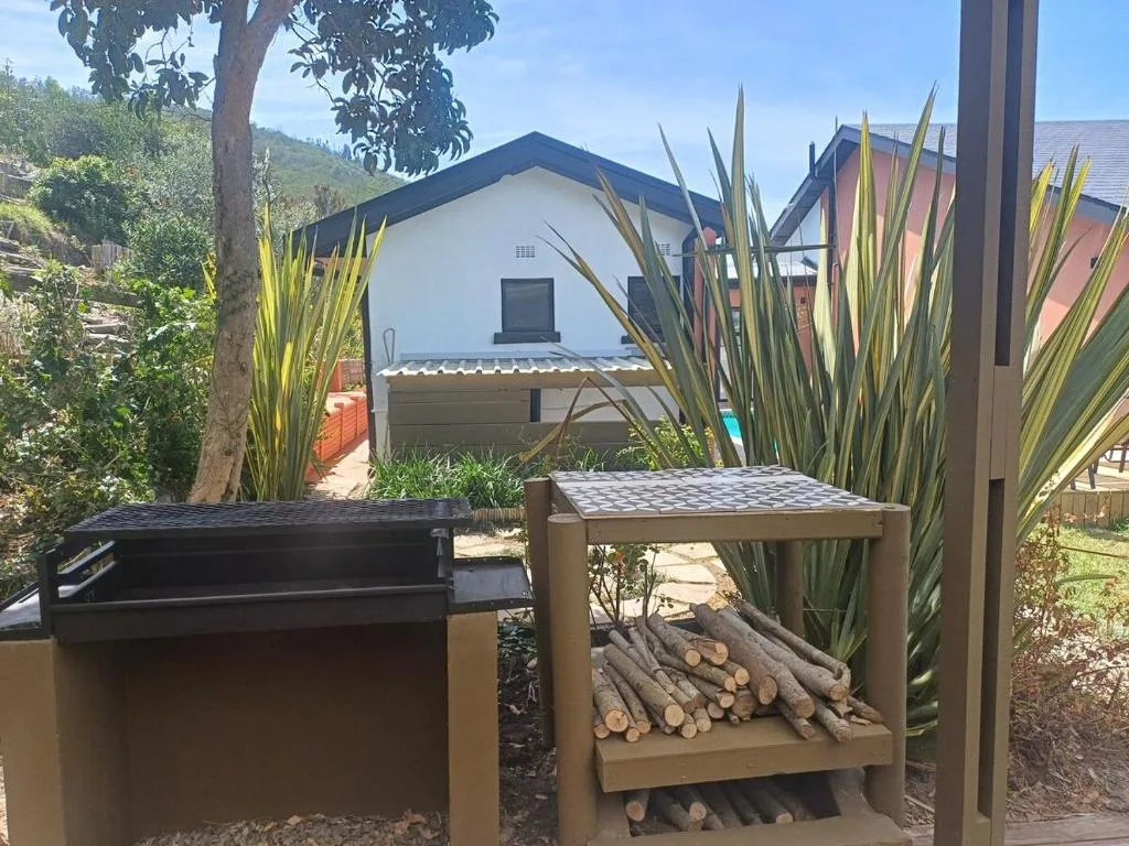 Outdoor braai area with grill and firewood storage near property