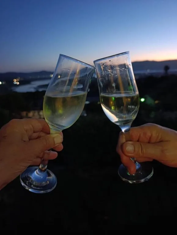 Two wine glasses toasting at sunset overlooking Knysna lagoon and mountains