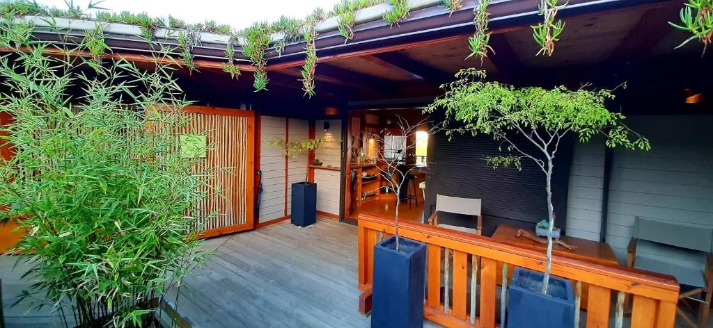 Covered wooden deck with potted plants and modern seating area